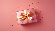 Generative AI Illustration Of Pink Gift With Bright Orange Bow And Ribbon Placed On Pink Background Near Confetti