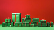 Generative AI Illustration Of Green Gifts With Bright Red Bows And Ribbons Placed On Green Table Against Red Background
