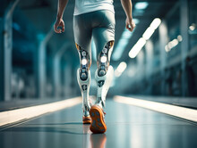 Generative AI Illustration Of Cropped Unrecognizable Amputee Sportsman Walking In Illuminated Corridor With Bionic Legs Prosthesis With Robotic Technology
