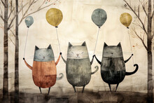 Generative AI Illustration Of Cats Standing With Closed Eyes While Holding Colorful Balloons Between Autumn Trees