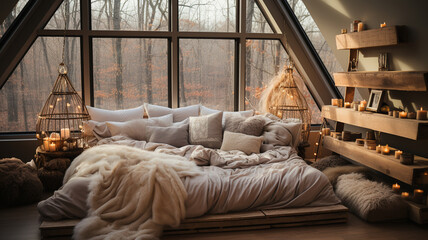 Wall Mural - interior of cozy bedroom with candles and flowers