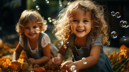 Wall Mural - two little girls in a park playing in a summer day