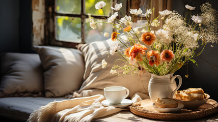 Wall Mural - cup of coffee and flowers on table in room