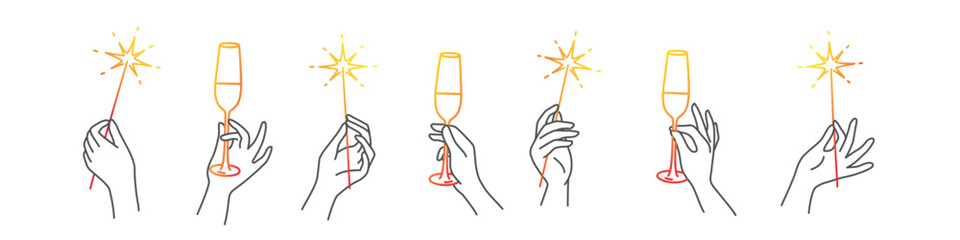 Wall Mural - Hands hold champagne and sparklers.