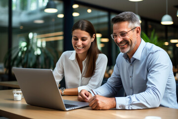 Wall Mural - Two Professional Managers Engaged in a Productive Virtual Meeting, Focused on Their Laptop PC