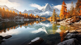 Fototapeta Natura - autumn landscape with mountains in the background reflecting in a peaceful lake - generative AI