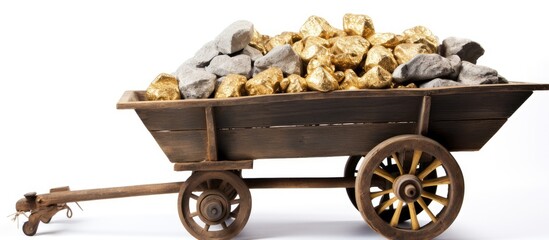 Gold filled mining trolley on white background