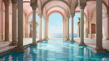 Painting Of A Roman Room With A Pool Of Columns And Arches And A Sea View. AI Generation 
