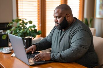 Portrait of an overweight African American man working from home on a laptop computer