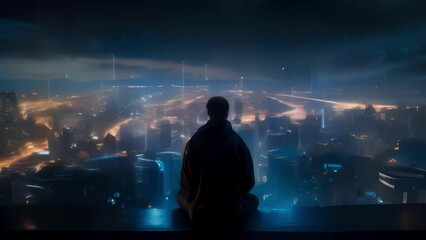 Wall Mural - A Technomancer sits crosslegged on a rooftop, surrounded by a swirling vortex of holographic screens displaying intricate binary code, using their mind to decipher hidden secrets buried