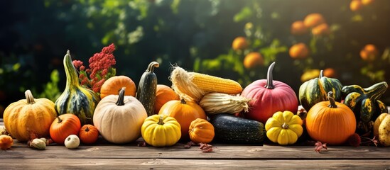 Wall Mural - Farm fair with vibrant organic pumpkins gourds and autumn harvest Festive rural backdrop for vegetarian Thanksgiving and Halloween d cor