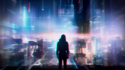 Wall Mural - With electromagnetic brushes, the artist sweeps vibrant streaks of light onto the digital canvas, bringing life to a holographic cityscape.