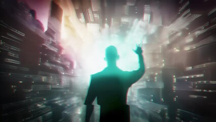 Wall Mural - a lone figure stands amidst a sea of digital code, their hands gracefully maneuvering through the bi