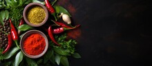 Spicy Thai Curry With Herb Ingredients On A Dark Background