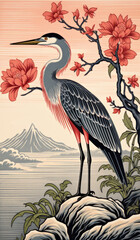 Wall Mural - A bird standing on top of a rock next to a tree. Imaginary oriental illustration.