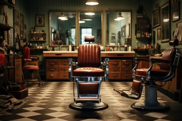 An artistic composition featuring a trendy barbershop with vintage decor, including old-fashioned chairs and classic grooming products