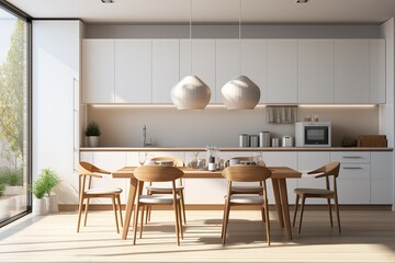 Wall Mural - Modern new light interior of kitchen with white furniture and dining table