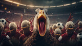 Fototapeta Fototapety sport - Group of ducks playing soccer in soccer stadium. stadium full of people with flags. Dark red color palette. Cinematic perspective. Soccer scenes. Front view.
