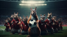 Group Of Squirrels Playing Soccer In Soccer Stadium. Stadium Full Of People With Flags. Dark Red Color Palette. Cinematic Perspective. Soccer Scenes. Front View.