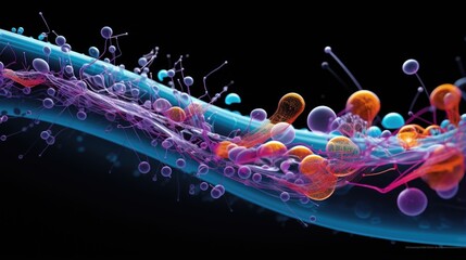 The vivid depiction showcases the integral role of transmembrane channel proteins in facilitating the diffusion of charged particles across the cell membrane in a macroscale view, Mod3f