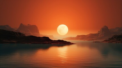 Wall Mural - in this captivating image, a brilliant orange glow engulfs the horizon as the sun sets behind titan,