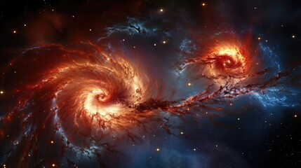 Wall Mural - illuminated by distant suns, a spiral galaxy collides with a smaller companion galaxy in this extrao