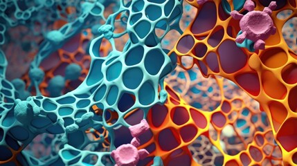 Wall Mural - a magnified view showcasing the vibrant nature of microscopic bone cells, with their shimmering, jew