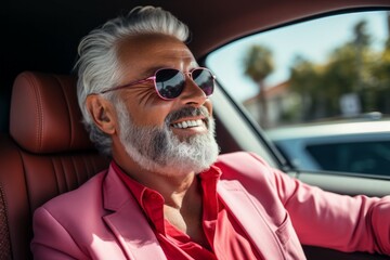 Poster - Man in a car. Portrait with selective focus and copy space