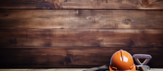 Construction tools helmet and paint with a wood texture and brush