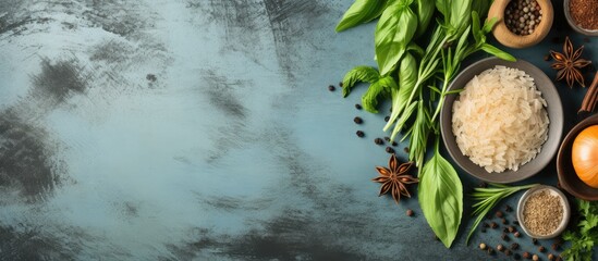 Poster - Backgrounds of healthy eating featuring rice bowls with spices and fresh herbs along with spring onions and bay leaves