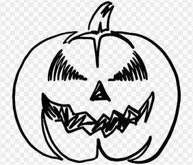 Wall Mural - One line hand drawing smile pumpkin in a brush style, isolated on a transparent PNG background. Perfect for Halloween party backgrounds, poster templates, brochures, online ads. 