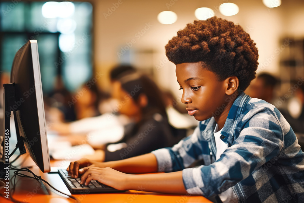 Young african american student using computer in classroom, studying ...