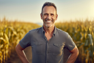 Portrait of a smiling middle-aged farmer in front of a corn field.generative ai
