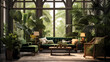 Tropical Living Room with Green Plants and Leafy Patterns