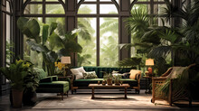 Tropical Living Room With Green Plants And Leafy Patterns