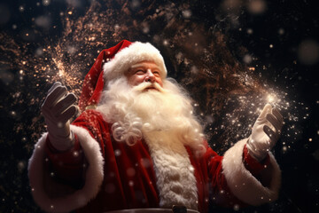 Magical Santa Claus charms with his hands on a dark background.generative ai
