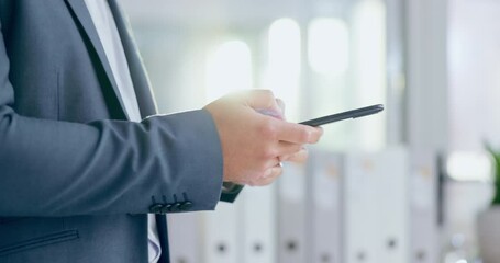 Poster - Business man, hands typing and phone networking in a office with text for working. Company, professional and mobile contact with social media scroll and message on a website and app at workplace