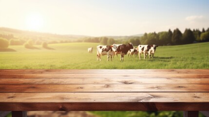 Empty wooden table top with blurred cow farm and daylight background.