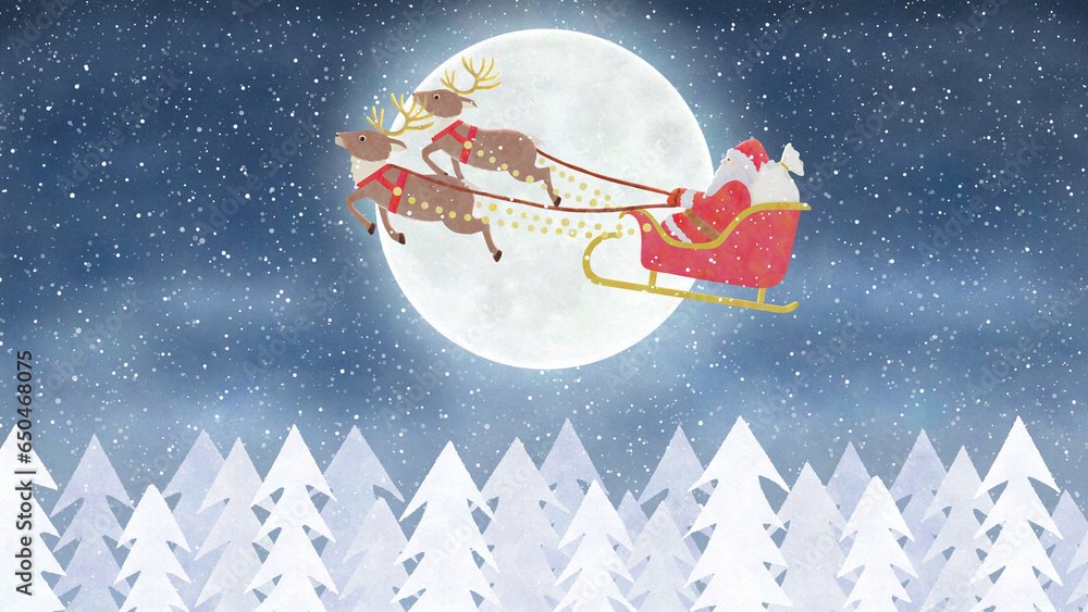 Santa Claus flying on a sleigh with reindeer. Snowy christmas landscape ...