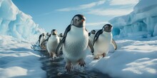 A Group Of Penguins Walking Across The Snow Outside Antarctica, Generative AI