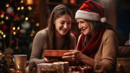 Merry Christmas Happy Holidays Family love with gifts from senior mother and her eldest daughter exchanging gifts Having fun near the trees in the house