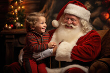 Child Sitting On The Lap Of Santa Claus Around Christmas Tree