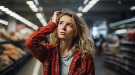 Wall Mural - A young woman is shopping in the supermarket and is worried about the rising food prices.