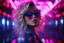 Beautiful Young Woman In Sunglasses On A Background Of Neon Lights