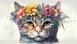 Watercolor painting of a gray cat with a flower crown on its head, tabby grey, vibrantly colored flowers.
Image generated with artificial intelligence, AI-illustrated cat