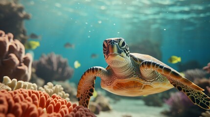 Wall Mural - Generative AI : A magnificent giant golden sea turtle spreads its paws and swims in the blue depths of the sea