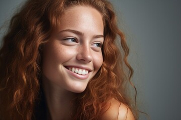 Generative AI : Cheerful freckled young woman looking away, smiling, laughing. Close up of upper face. Cropped shot of teenage girl with dry spotted facial skin. Skincare, natural beauty, eye care, vi