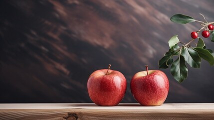 Wall Mural - Generative AI : Ripe red apples in wooden box. Top view with space for your text