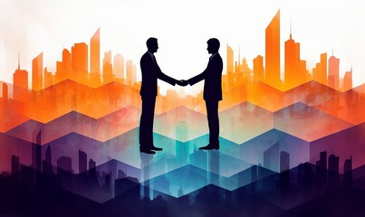 Silhouettes of businessmen shaking hands. Hexagon Landscape filled with geometric city skyline. Business deal in abstract watercolor and ink. Vibrant, Generative AI