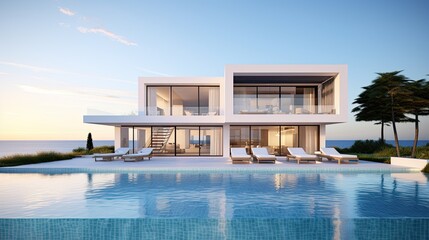 Wall Mural - modern cozy house with pool and parking for sale or rent in luxurious style by the sea or ocean at sunset. Clear sky with clouds